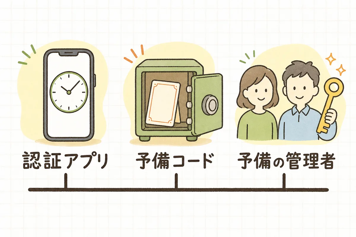 認証アプリ・予備コード・予備の管理者という3つの入り口を横に並べ、どれか1つが生きていれば管理画面に入れることを示した図