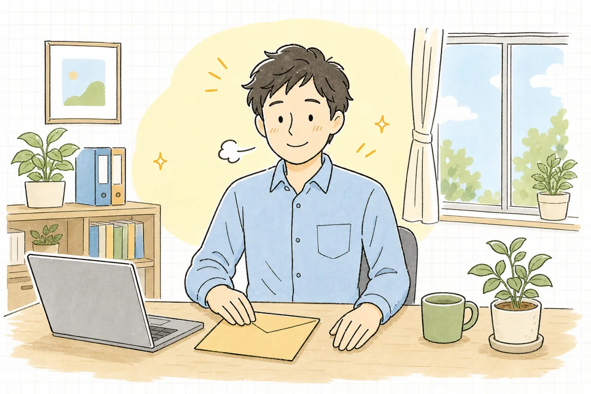 二要素認証を有効にしたあと、予備コードを封筒にしまい終えて静かに安心している保守運用担当者