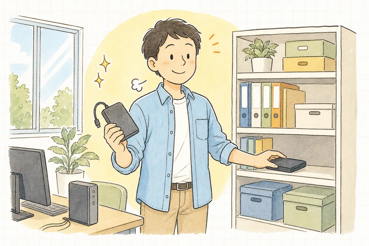 バックアップ用の外付けディスクをケーブルから外して棚にしまい終え、これで一本は守れたと安心した表情で前を向いている保守運用の担当者