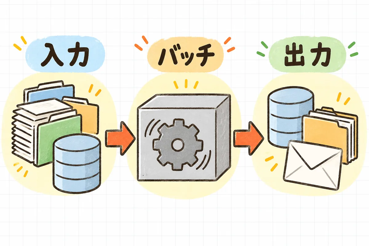 左に読み込むファイルとデータベース、中央に中身の見えない歯車の箱、右に書き換えられるデータとファイルと送信されるメールを並べ、バッチを入力と出力で捉える図