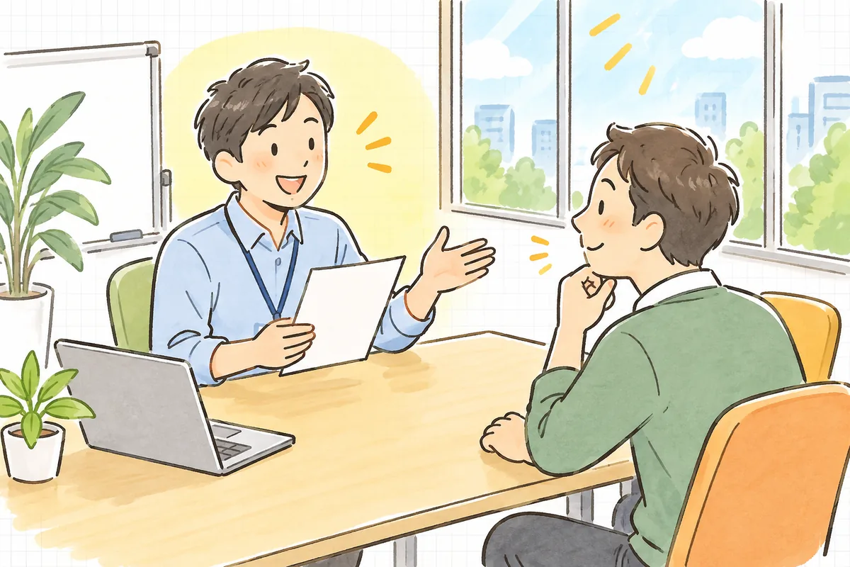 正体がわかったバッチのメモを手に、打ち合わせで同僚に落ち着いて説明し、うなずいてもらえて笑顔を見せる保守運用担当者