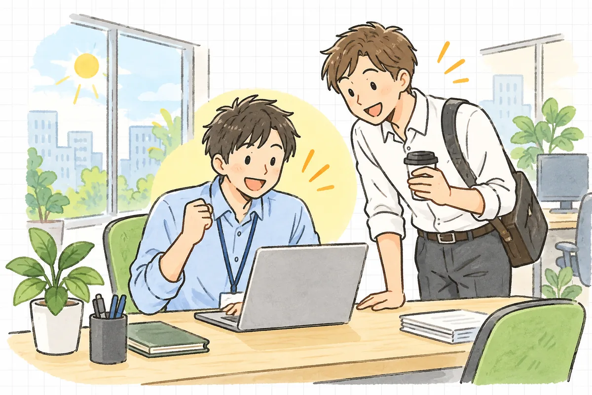 朝の明るいオフィスで、予定より早く終わったバッチを確認し、出社してきた同僚と笑顔で言葉を交わす保守運用担当者