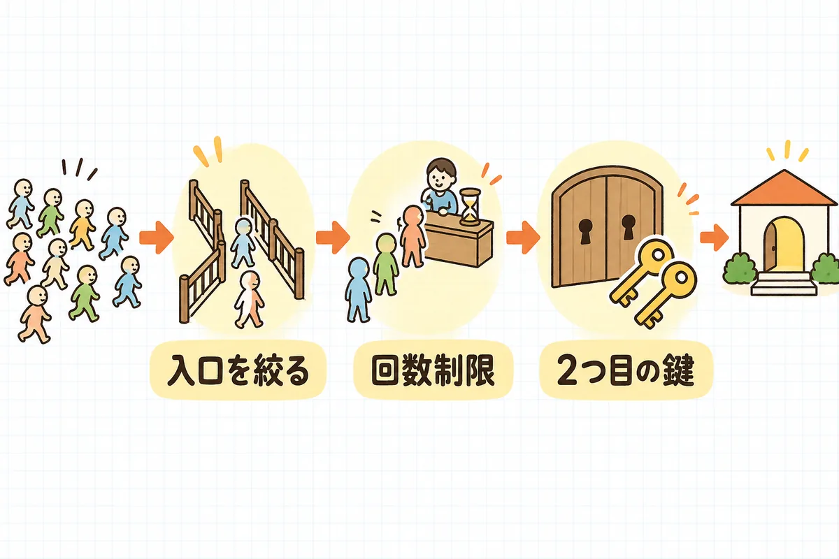 建物の入口に向かって外側から3つの関門が順に並び、外から入口を絞る門、回数を制限する係、2つ目の鍵の扉で守られていることを示した図