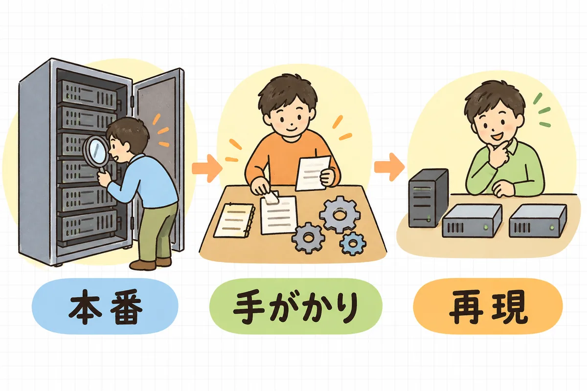 本番サーバーの中身を確かめ、手がかりを集め、検証環境で作り直して見比べる、という3つの段階を左から順に並べた図