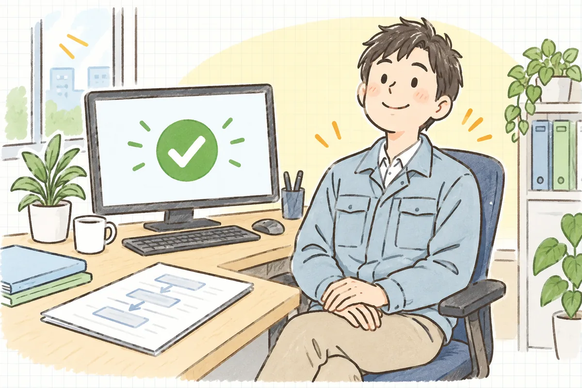 書き上げた手順書を見ながらリリース作業を終え、ほっとした表情で椅子にもたれる保守運用の担当者