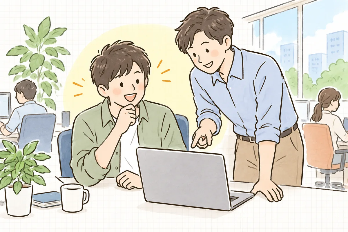 調査に区切りをつけて同僚に相談し、手がかりが見えてほっとした笑顔を見せる保守運用担当者