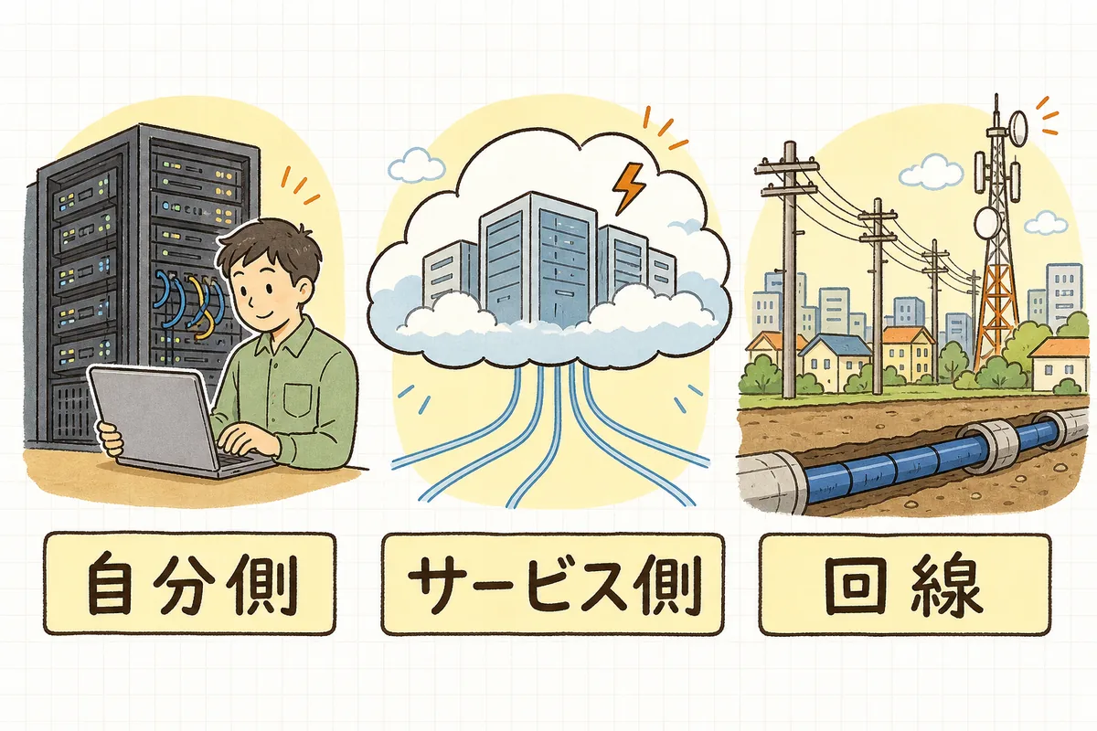 障害の発生場所を「自分側」「サービス側」「回線」の3つの層に分けて順番に確かめる考え方を示した図