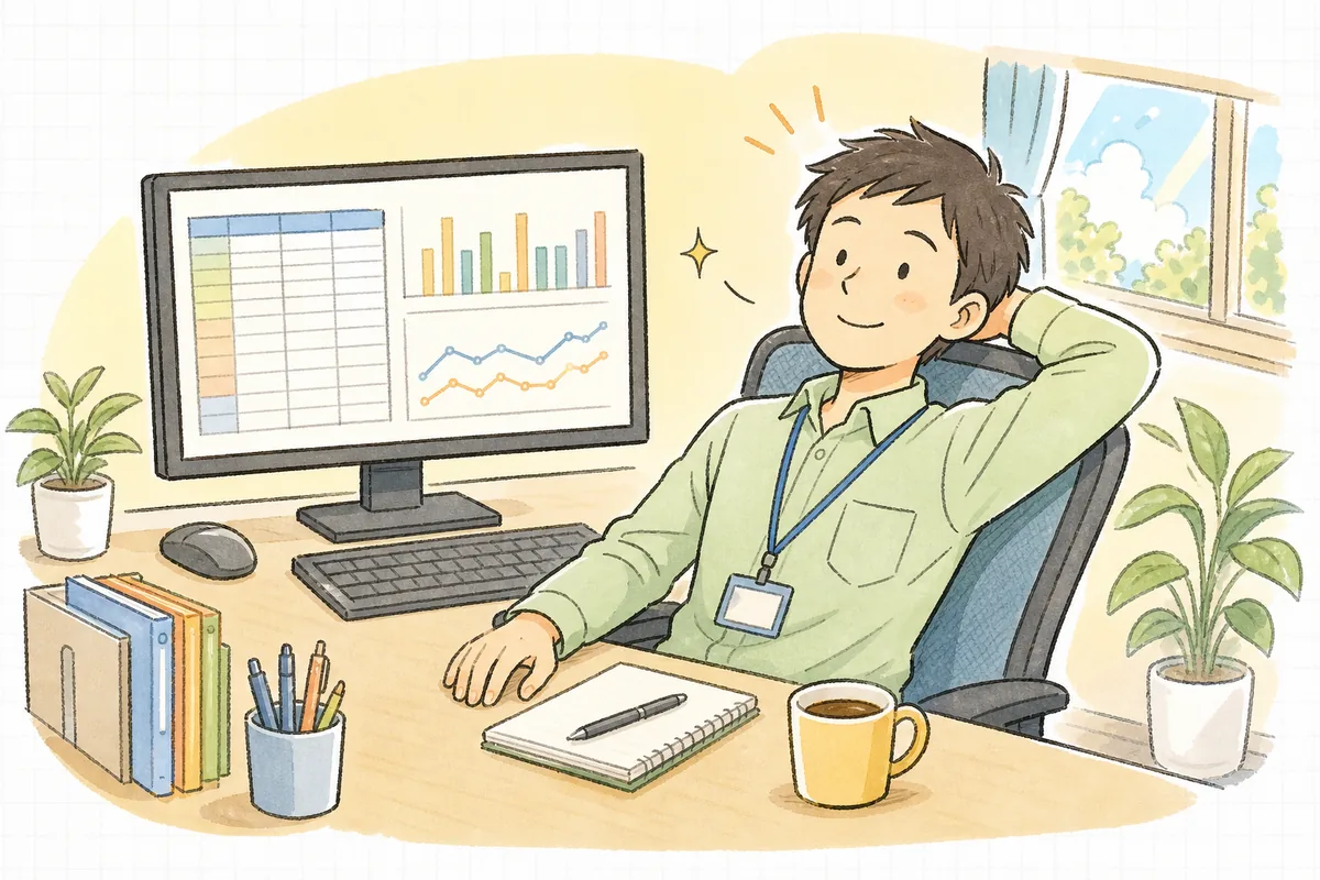 発生時刻を並べた記録から断続的な障害の条件を突き止め、原因が見えたことに安心して穏やかな表情を見せる一人運用の保守担当者