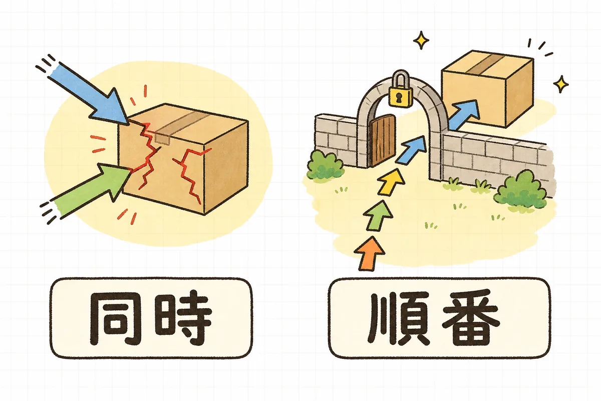 左の場面では2本の矢印が同時に1つの箱にぶつかって箱にひびが入り、右の場面では鍵のかかった門の前で矢印が1本ずつ順番に並んで箱に入っている図