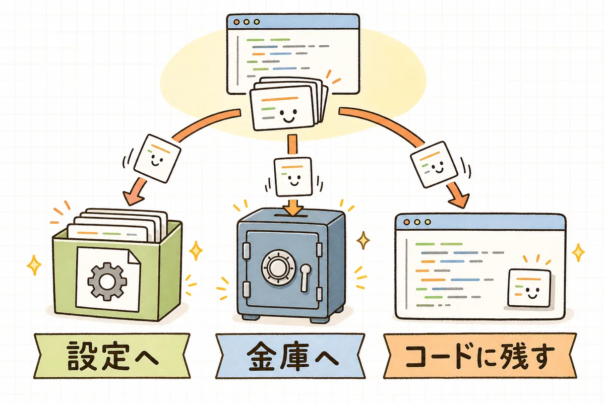 ソースコードから見つけたハードコードの値を、設定ファイルへ出すもの、金庫に入れる秘密の情報、コードに残してよいものの3つに仕分ける考え方を示した図
