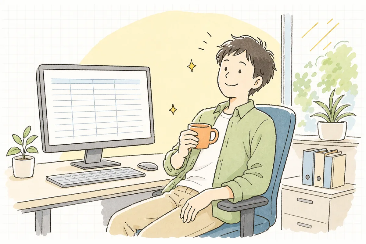 散らばっていた値を1か所にまとめ終えて、整理された一覧を眺めながら穏やかに微笑んでいる保守運用の担当者