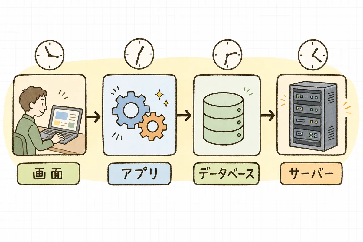 ひとつの日付が「画面」「アプリ」「データベース」「サーバー」の4つの層を通り、各層がそれぞれ自分のタイムゾーンを持っていることを示した図