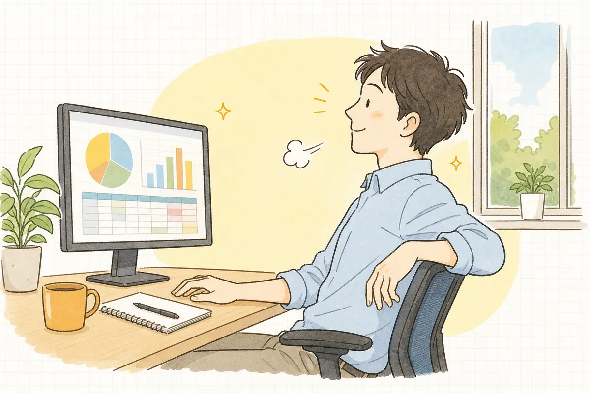 日付のズレの原因を突き止め、集計の数字が合ったことを確認して穏やかな表情を見せる一人運用の保守担当者