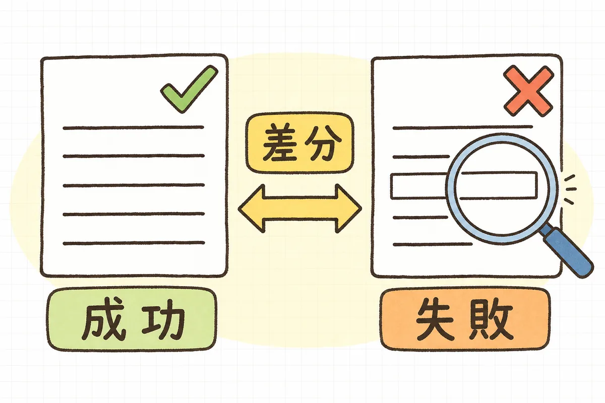 左に緑のチェックがついた正常な書類カード、右に赤いバツがついたエラーの書類カードが並び、右のカードの空欄になった1行だけに虫眼鏡が当てられている図