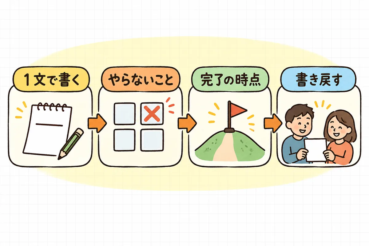 着手前に完了条件を1文で書き、やらないことを決め、完了のタイミングを決め、依頼者に書き戻して確認する、という4段階の流れを示した図