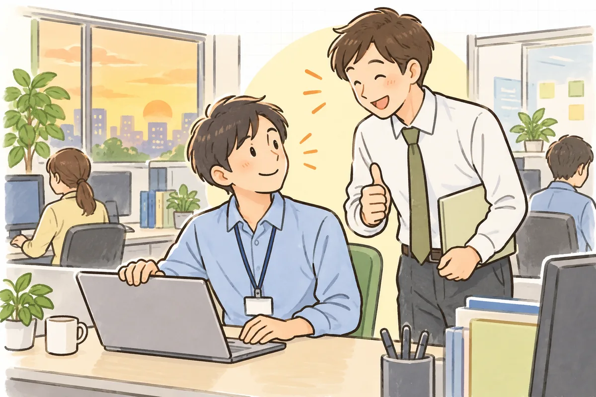 依頼者から完了のOKをもらい、ほっとした笑顔でノートパソコンを閉じる保守運用担当者