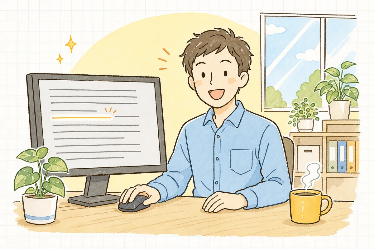明るい昼のオフィスで、画面に表示された整ったログの記録を見て原因にすぐたどり着き、ほっとした笑顔を浮かべている保守運用の担当者
