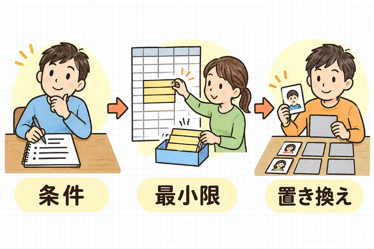 左にメモに条件を書き出す担当者、中央に大きな表から数行だけを取り出す担当者、右に名前の書かれたカードを無地のダミーカードに差し替える担当者を並べた、検証データ作りの3ステップの図