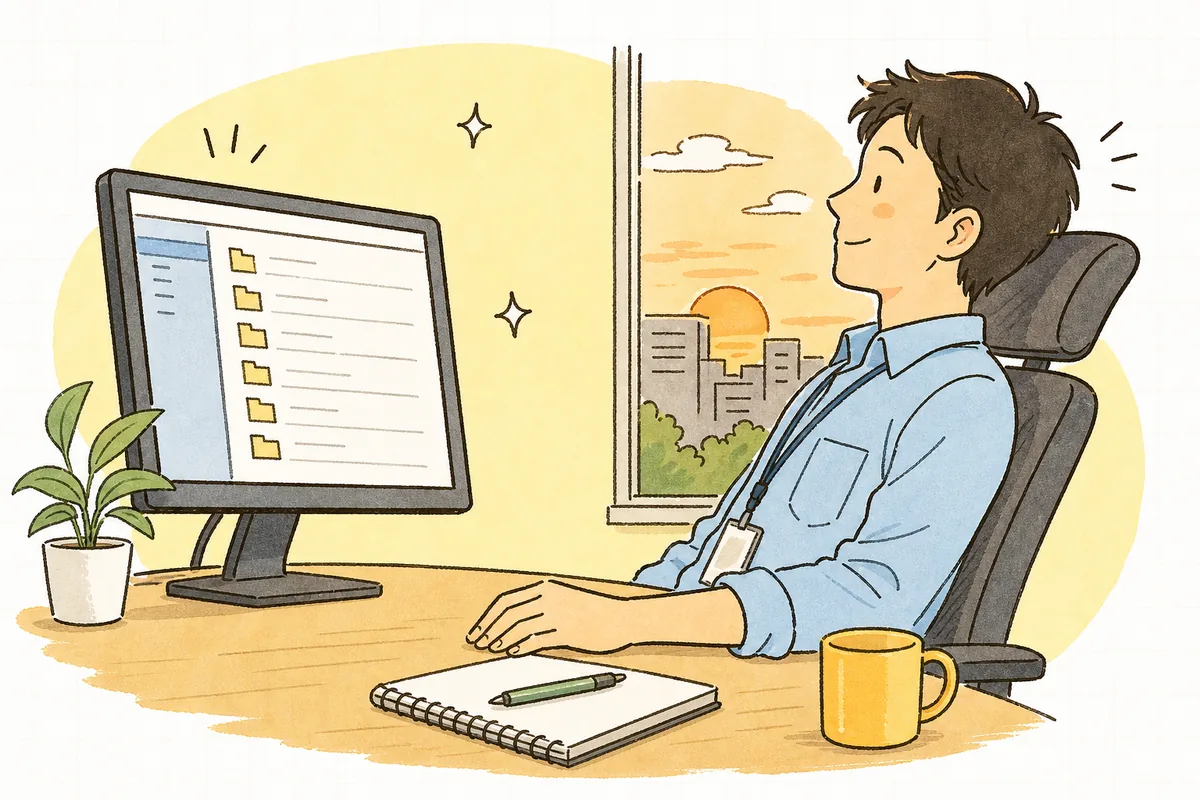 棚卸しを終えて整理されたファイル一覧を眺め、肩の力を抜いて穏やかな表情を見せる一人運用の保守担当者