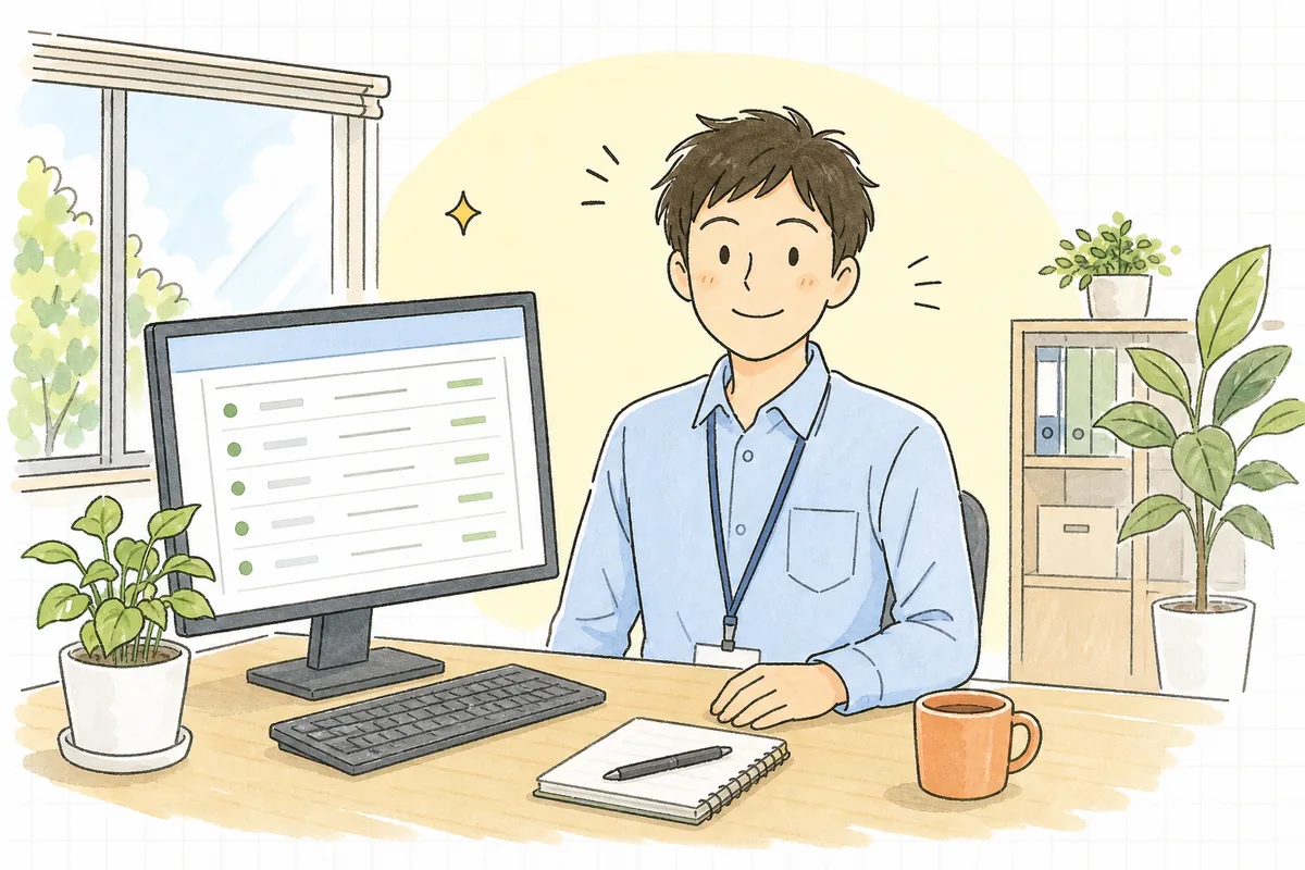 メール送信を含むリリースを段階的に進めて無事に完了し、送信ログを見ながら安心した表情を見せる一人運用の保守担当者