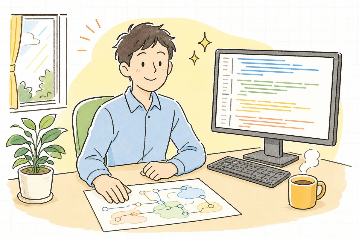 朝の明るいオフィスで、手書きの地図のようなメモを机に置き、すっきり整理されたコードの画面を見ながら穏やかに微笑む保守運用の担当者
