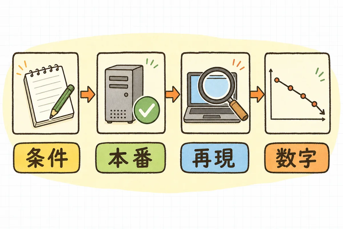 左から右へ4つの場面が並び、メモに条件を書く・サーバーに届いたか見る・同じ条件で試す・グラフの数字が下がったのを見る、という確認の順番を表した図