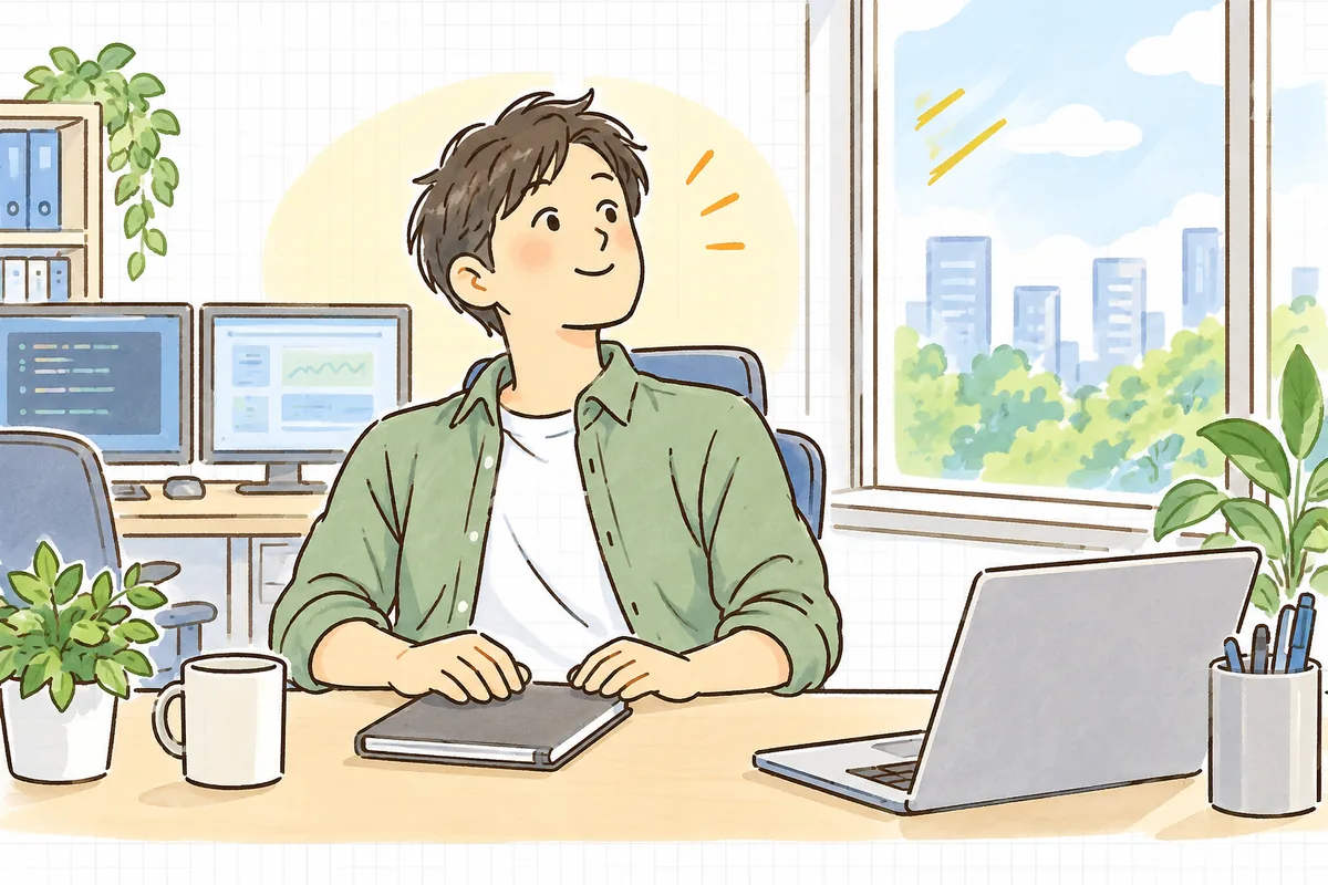 判断メモを書き終えて、次にやることの順番が見え、ほっとした表情で前を向く保守運用の担当者