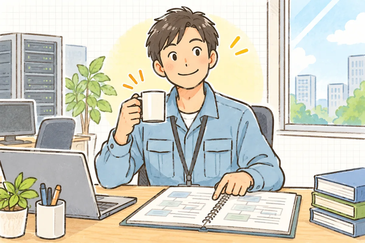 作業を落ち着いて切り上げ、次の作業日に向けて手順書を見直しながら穏やかな表情を見せる保守担当者