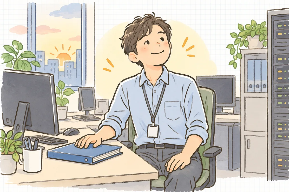 本番作業を予定どおり終え、明け方の柔らかい光の中で手順書を閉じてほっとした表情を見せる保守運用の担当者