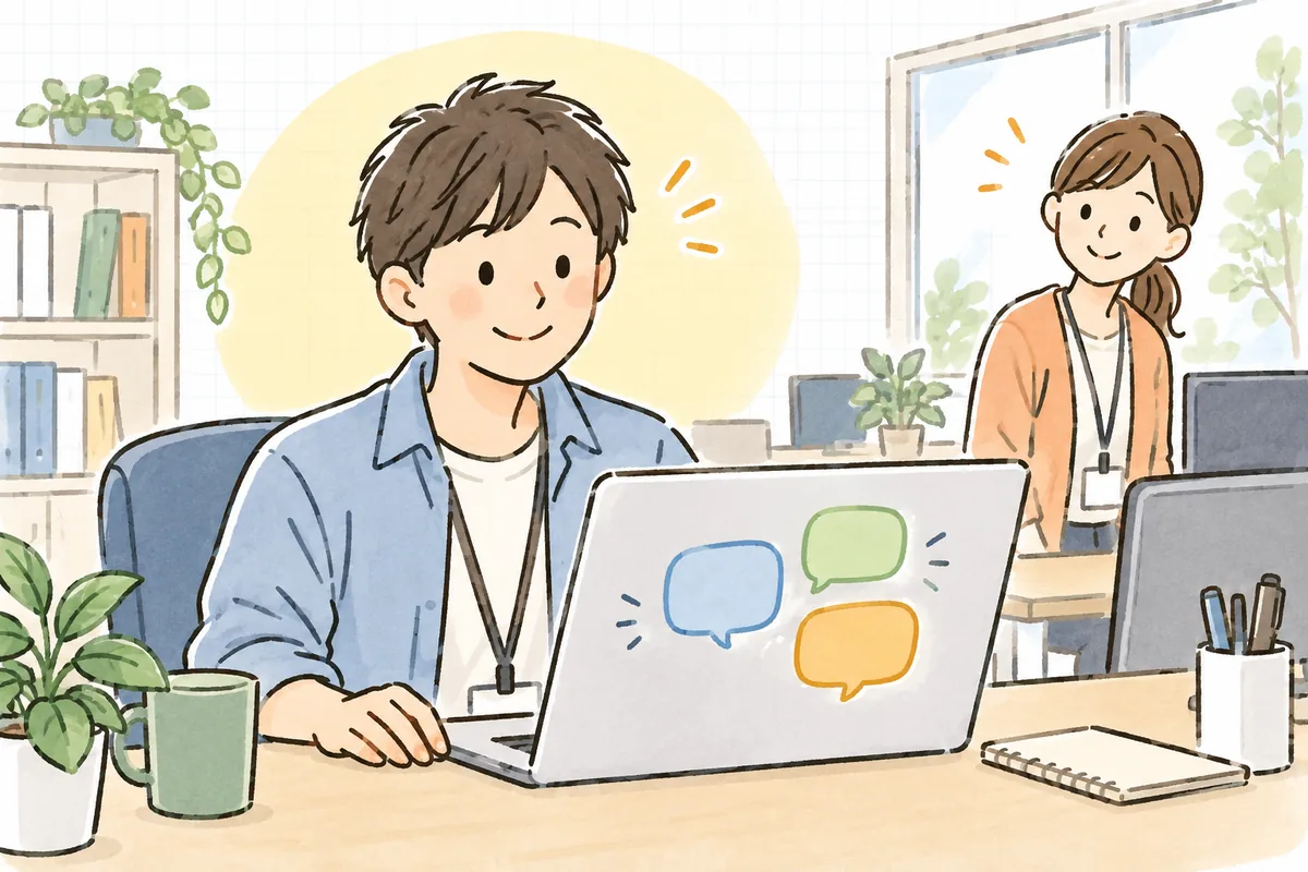 本番作業を終えて完了の連絡を送り、同僚から感謝の返事を受け取ってほっと微笑む保守運用の担当者