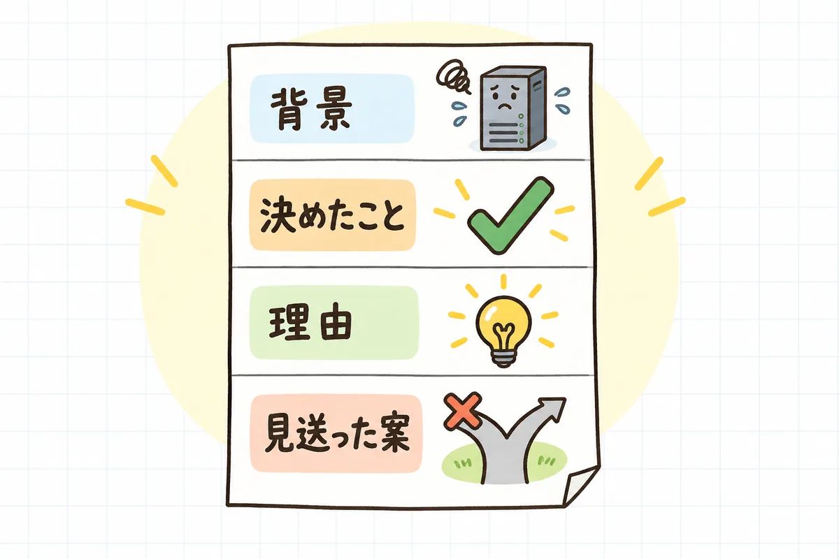 設計判断の記録を1枚の紙に4つの欄で書く構成を示した図。上から背景、決めたこと、理由、見送った案の順に並んでいる