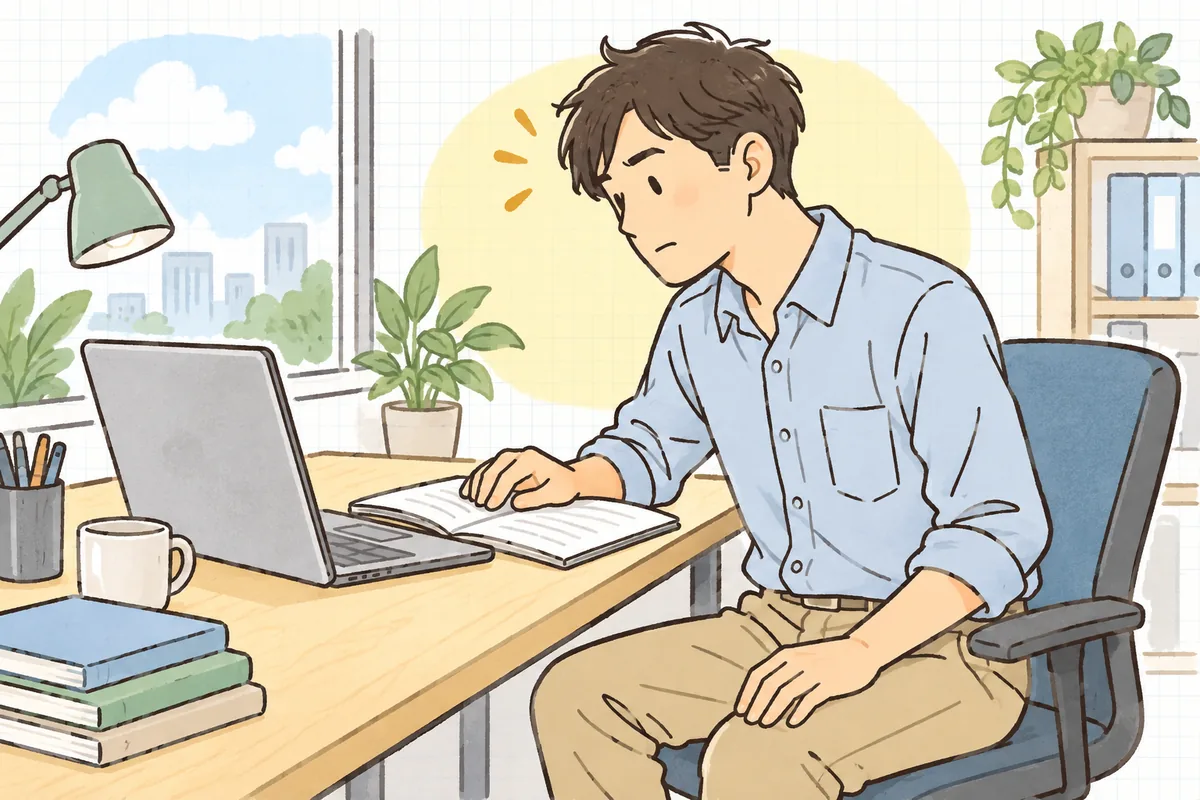 古い設定を前に「なぜこうしたんだっけ」と首をかしげながら、手元のノートを見返している一人運用の保守担当者