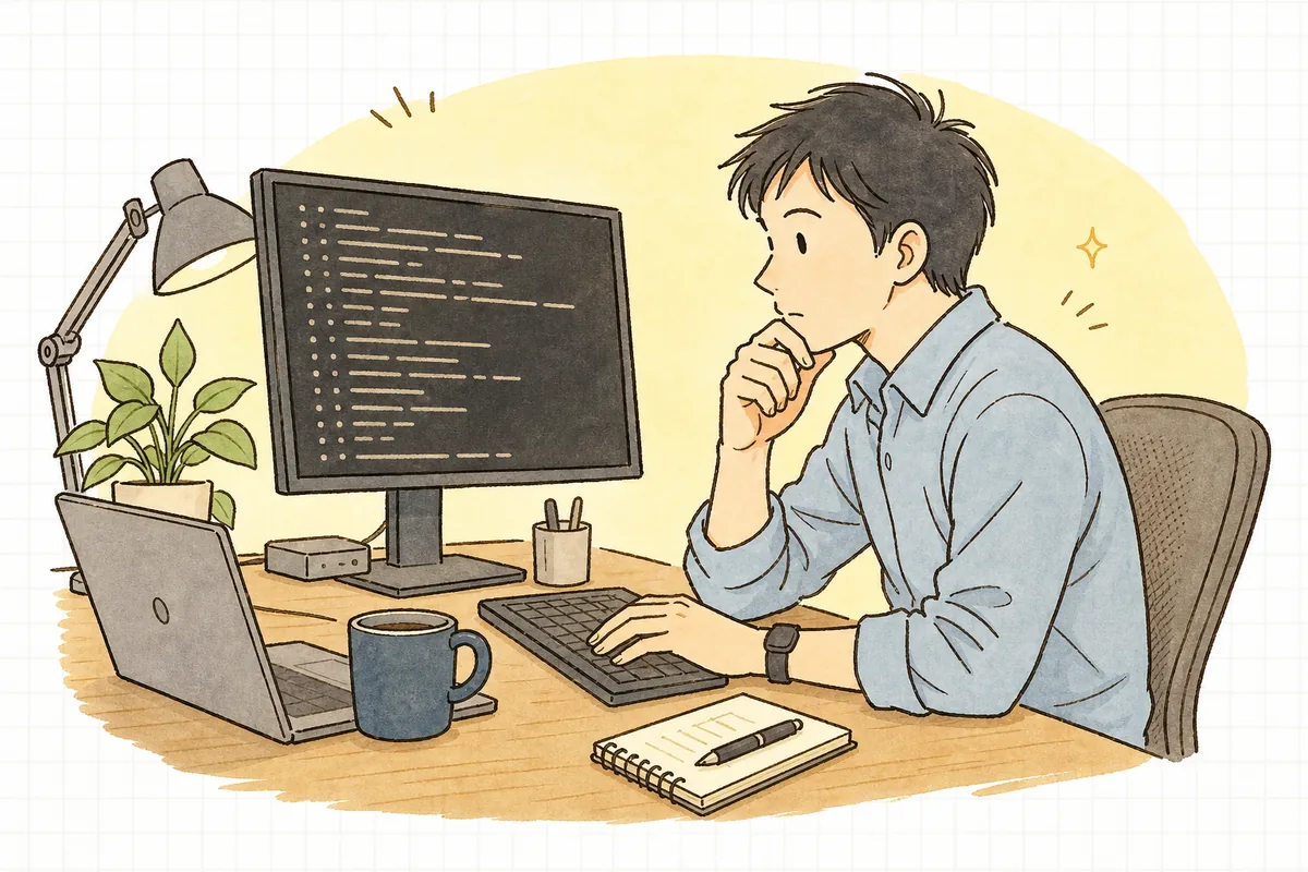 本番サーバーの設定ファイルをターミナルで開いたまま、保存して反映する前に手を止めて考えている一人運用の保守担当者