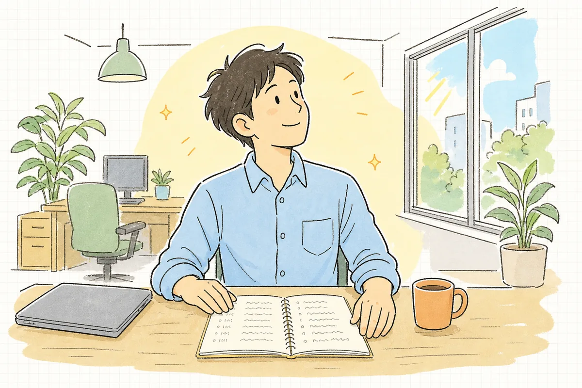 長引いた障害の対応を終え、時系列に書き残したメモを前に、朝の光の中で肩の力が抜けている保守運用の担当者