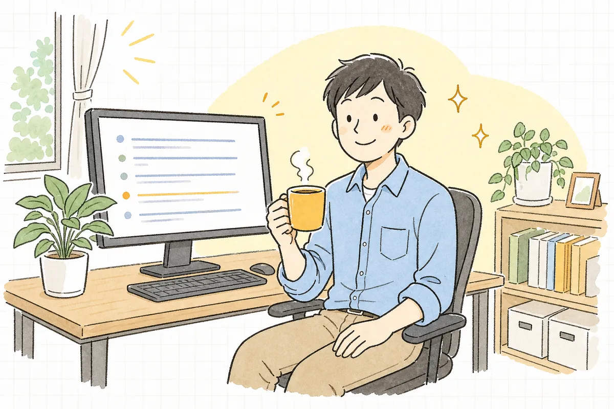 翌朝の明るいオフィスで、前夜の障害メモを見ながら落ち着いて報告書をまとめ、ほっとした表情を浮かべている保守運用の担当者