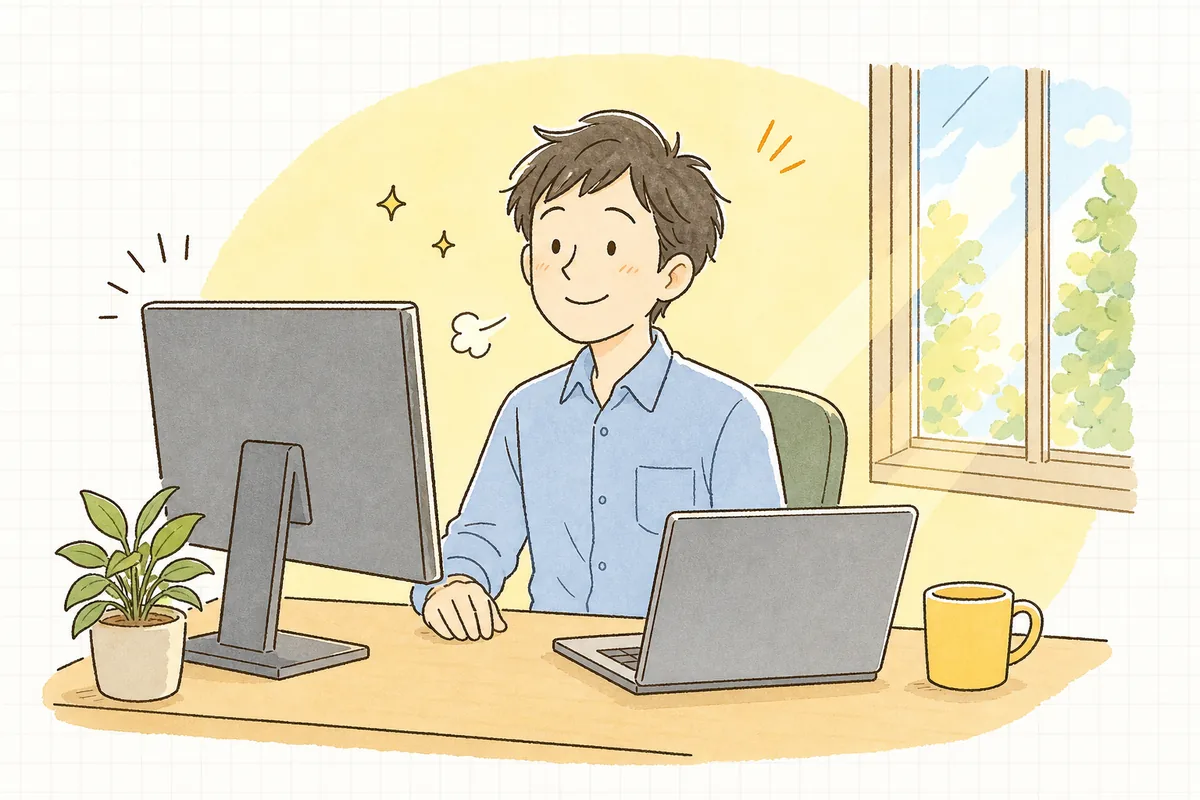対応の翌朝、遅かった画面がすぐに表示されるようになったことを確認して、穏やかに息をついている保守運用担当者