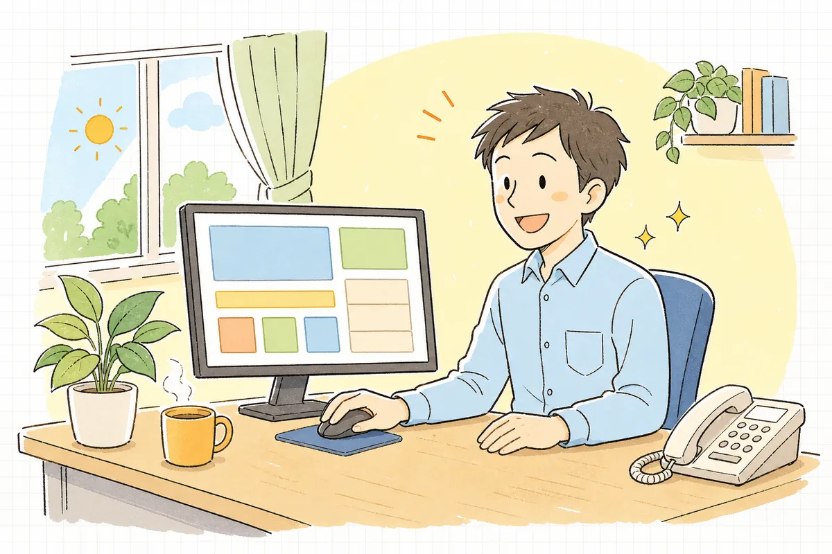 朝の明るいオフィスで、きれいに整って表示されたWeb画面を見ながら、静かな電話の横でほっとした笑顔を浮かべている保守運用の担当者